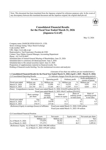 Miniature Daiichi Jitsugyo Rapport financier 2025-2026