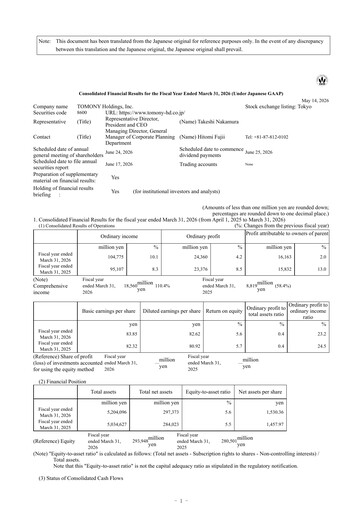 Miniature TOMONY Holdings Bilan financier fy2026
