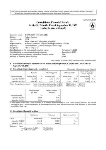 Miniature Hokkaido Gas Rapport semestriel 2025-h1
