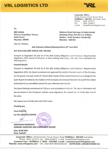 Thumbnail VRL Logistics Financial Statement 2019-2020