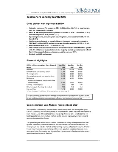 Thumbnail Telia Company Quarterly Report 2008-q1