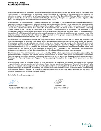 Vorschaubild Hydro One
 Finanzmitteilung 2021