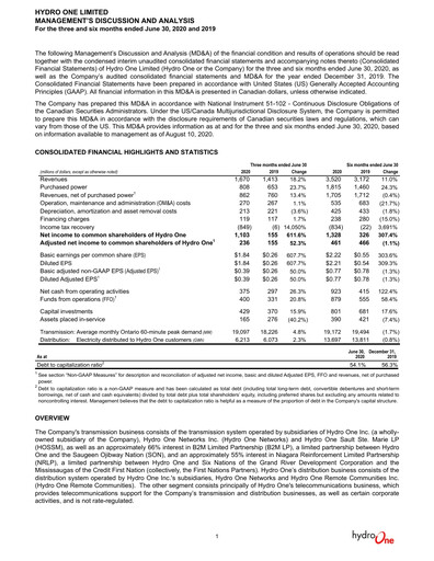 Thumbnail Hydro One
 Quarterly Report 2020-q2