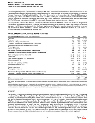Thumbnail Hydro One
 Quarterly Report 2021-q1