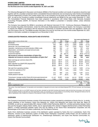 Thumbnail Hydro One
 Quarterly Report 2021-q3