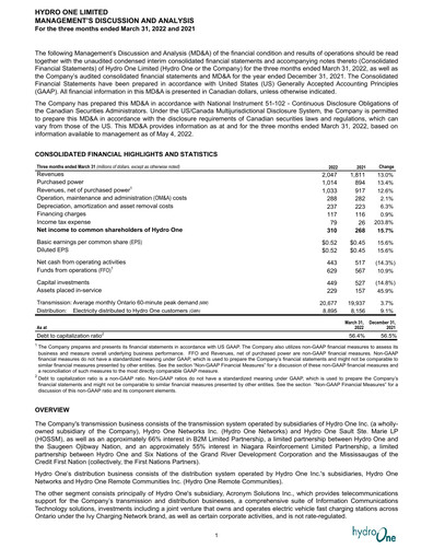 Thumbnail Hydro One
 Quarterly Report 2022-q1
