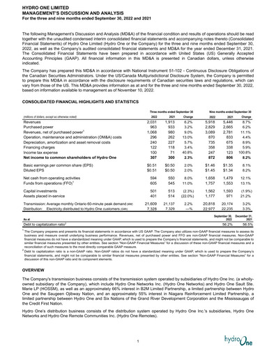 Thumbnail Hydro One
 Quarterly Report 2022-q3