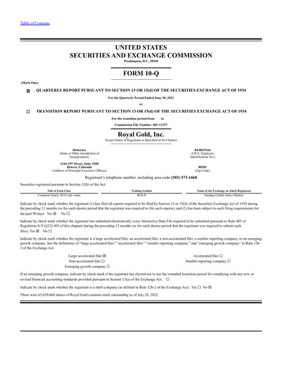 Thumbnail Royal Gold
 Quarterly Report 2022-q2
