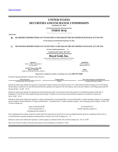 Thumbnail Royal Gold
 Quarterly Report 2022-q3