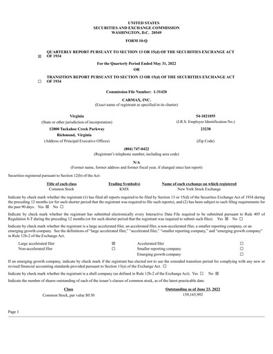 Thumbnail CarMax
 Quarterly Report fy2023-q1