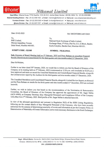 Thumbnail Nilkamal Quarterly Report 2024-q3