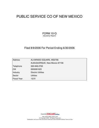 Thumbnail TXNM Energy Quarterly Report 2006-q2