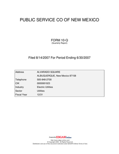 Thumbnail TXNM Energy Quarterly Report 2007-q2