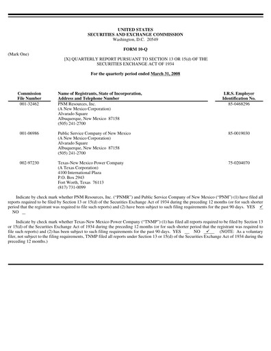 Thumbnail TXNM Energy Quarterly Report 2008-q1