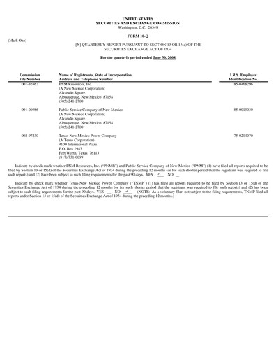 Thumbnail TXNM Energy Quarterly Report 2008-q2