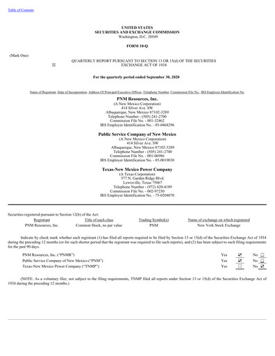 Thumbnail TXNM Energy Quarterly Report 2020-q3