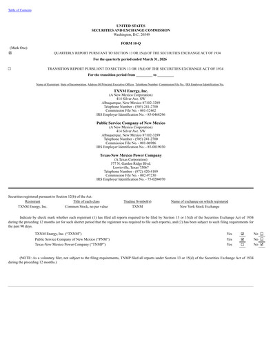 Thumbnail TXNM Energy Quarterly Report 2026-q1