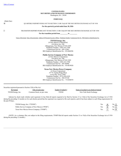 Thumbnail TXNM Energy Quarterly Report 2026-q2