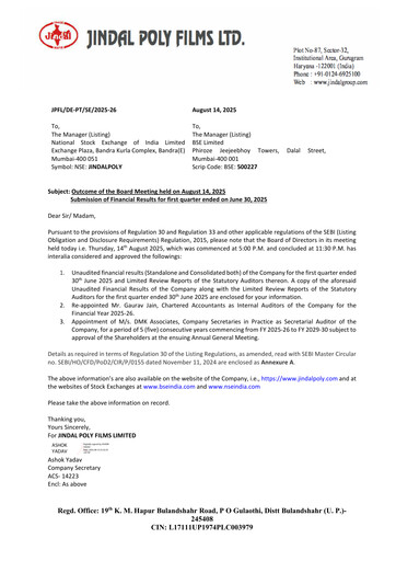 Thumbnail Jindal Poly Films
 Quarterly Report 2025-q1