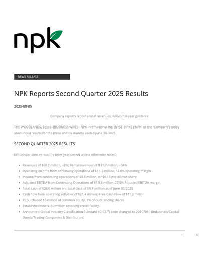 Miniature NPK International Rapport trimestriel 2025-q2