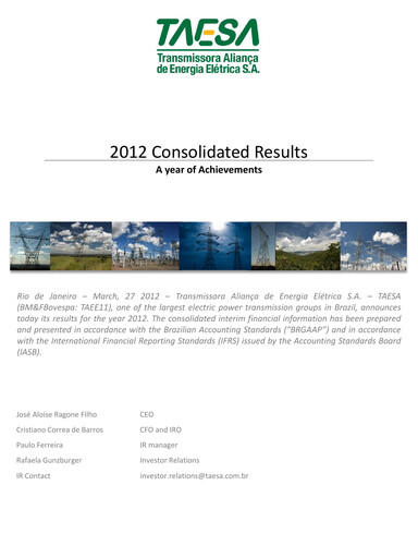 Miniature Taesa (Transmissora Aliança de Energia Elétrica) Rapport financier 2012