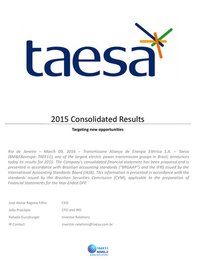 Miniature Taesa (Transmissora Aliança de Energia Elétrica) Rapport financier 2015