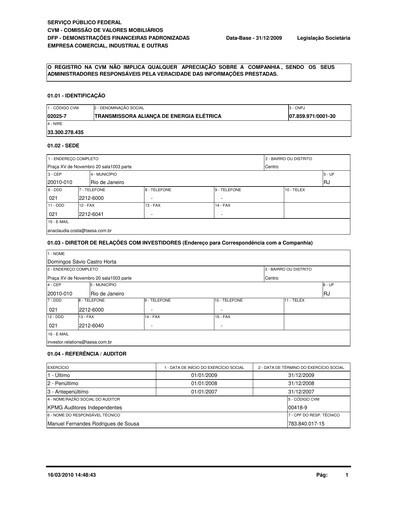 Thumbnail Taesa (Transmissora Aliança de Energia Elétrica) Financial Statement 2009