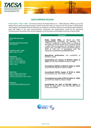 Miniature Taesa (Transmissora Aliança de Energia Elétrica) Rapport trimestriel 2010-q1