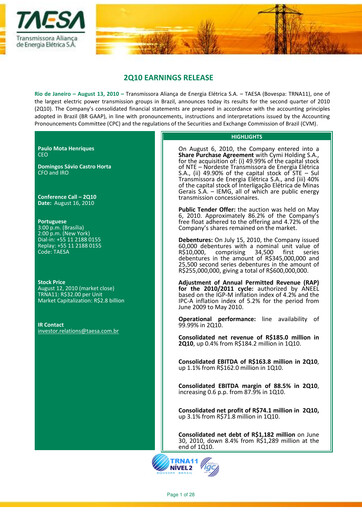 Miniature Taesa (Transmissora Aliança de Energia Elétrica) Rapport trimestriel 2010-q2