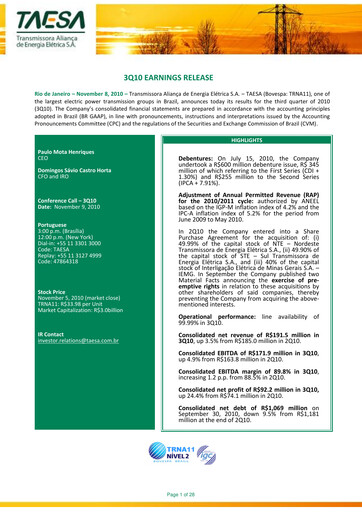 Miniature Taesa (Transmissora Aliança de Energia Elétrica) Rapport trimestriel 2010-q3