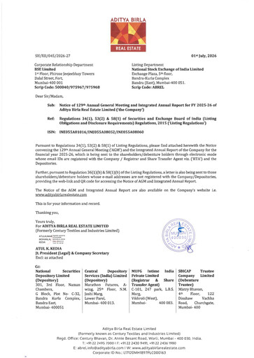 Miniature Aditya Birla Real Estate Rapport annuel 2025-2026