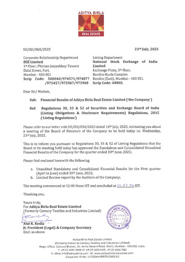Thumbnail Aditya Birla Real Estate Quarterly Report 2025-q1