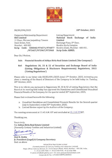 Thumbnail Aditya Birla Real Estate Quarterly Report 2025-q2
