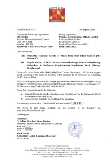 Thumbnail Aditya Birla Real Estate Quarterly Report 2026-q1