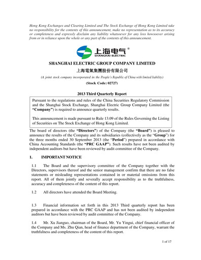 Miniature Shanghai Electric Group Rapport trimestriel 2013-q3