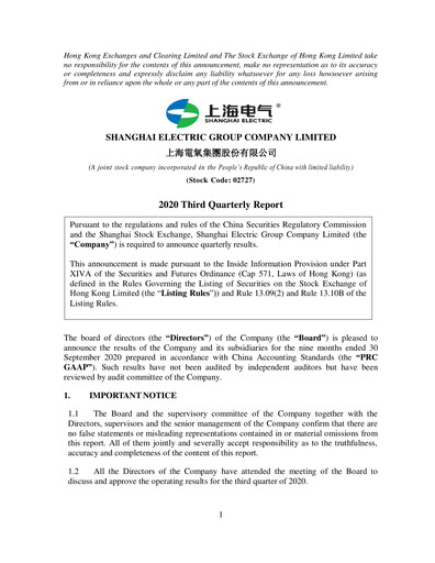 Miniature Shanghai Electric Group Rapport trimestriel 2020-q3