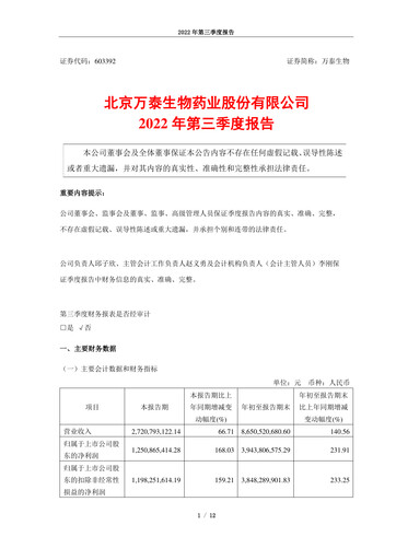 Thumbnail Beijing Wantai Biological Pharmacy Enterprise Quarterly Report 2022-q3