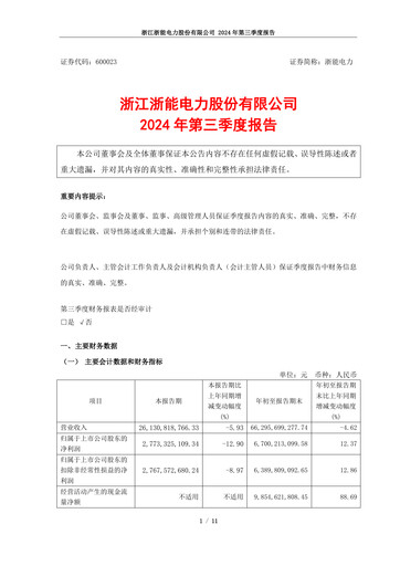 Vorschaubild Zhejiang Zheneng Electric Quartalsbericht 2024-q3