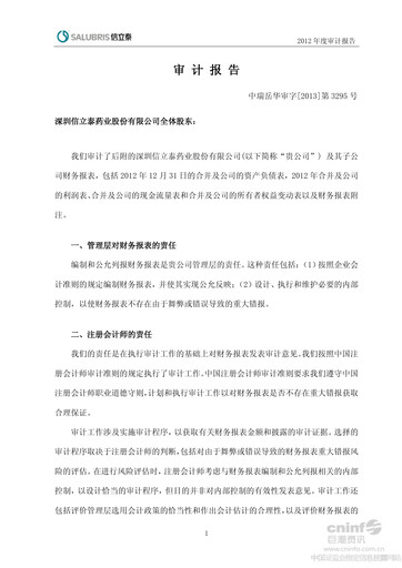 Thumbnail Shenzhen Salubris Pharmaceuticals Financial Statement 2012
