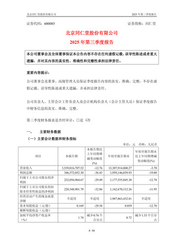 Miniature Tong Ren Tang Rapport trimestriel 2025-q3