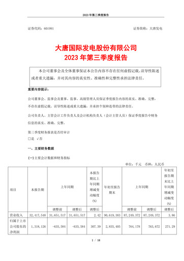 Thumbnail Datang International Power Generation Company Quarterly Report 2023-q3