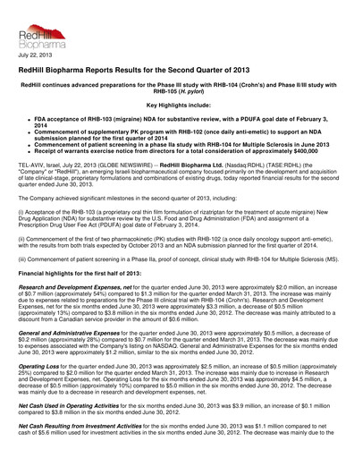 Thumbnail Redhill Biopharma Financial Report 2013-q2