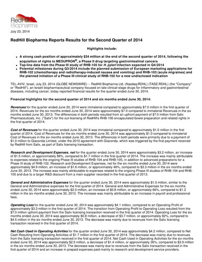 Thumbnail Redhill Biopharma Financial Report 2014-q2
