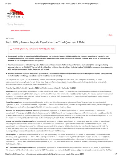 Thumbnail Redhill Biopharma Financial Report 2014-q3