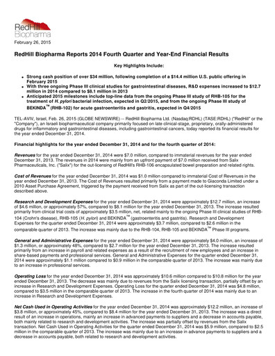 Thumbnail Redhill Biopharma Financial Report 2014