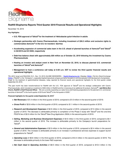 Thumbnail Redhill Biopharma Financial Report 2019-q3