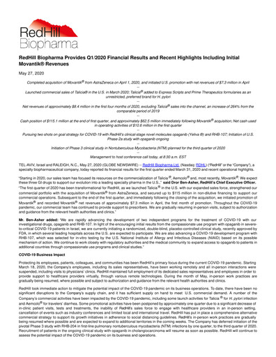Thumbnail Redhill Biopharma Financial Report 2020-q1