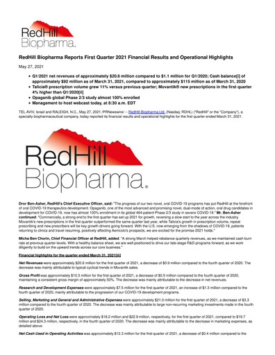 Thumbnail Redhill Biopharma Financial Report 2021-q1