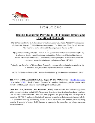 Thumbnail Redhill Biopharma Financial Report 2023-q2