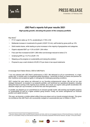 Vorschaubild JDE Peet's Finanzmitteilung 2021